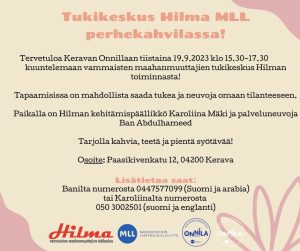 Tervetuloa Keravan Onnillaan tiistaina 19.9.2023 klo 15.30–17.30 kuuntelemaan vammaisten maahanmuuttajien tukikeskus Hilman toiminnasta!